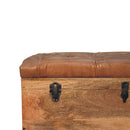 Solid Wood Buffalo Hide Oak-ish Storage Trunk, Leather Upholstered