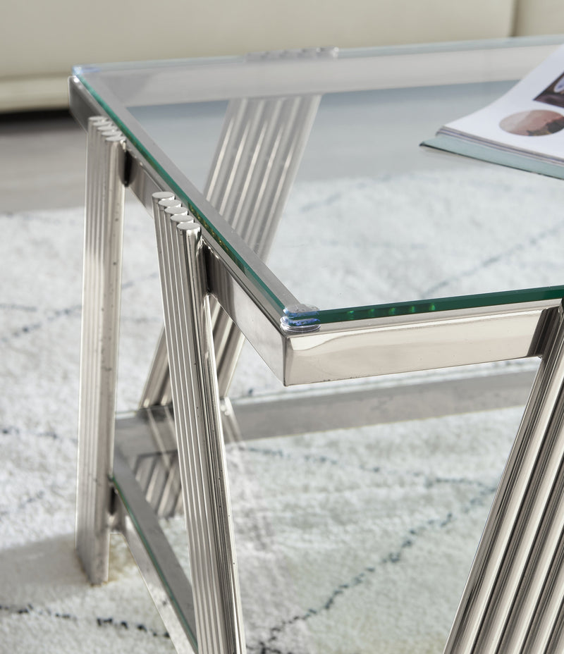 Modern Stainless Steel Coffee Table Set (Set of 2), Double-Layer Clear Tempered Glass Table Top, Coffee Table & End Side Table 2-Pieces Sets for Living Room Home Office, Silver