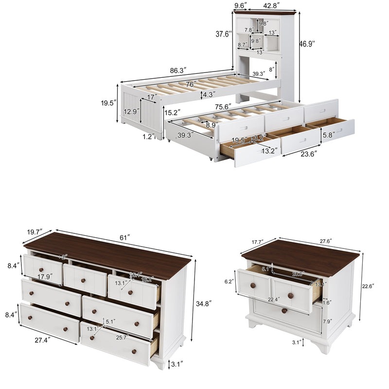 3 Pieces Wooden Captain Bedroom Set Twin Bed with Trundle, Nightstand and Dresser, White + Walnut
