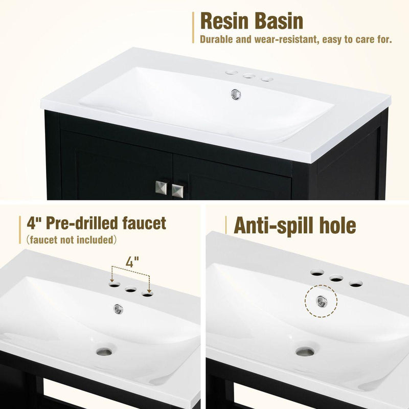 30' Black Bathroom Vanity with Single Sink, Combo Cabinet Undermount Sink, Bathroom Storage Cabinet with 2 Doors and a Drawer, Soft Closing, Multifunctional Storage, Solid Wood Frame