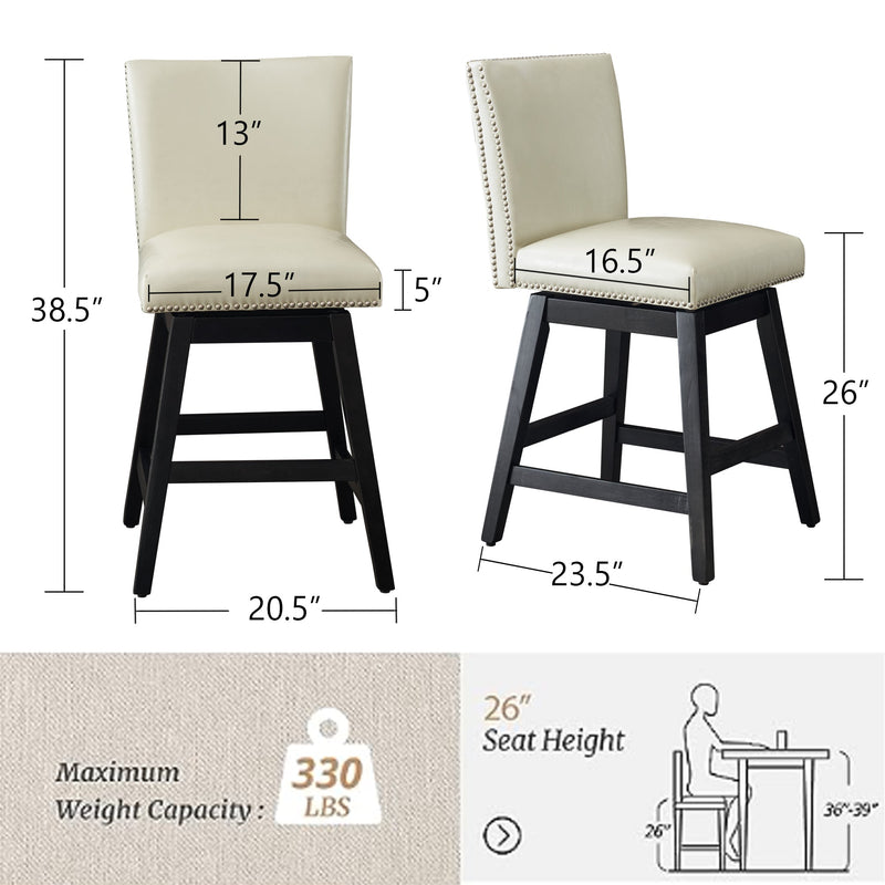 26" Upholstered Swivel Bar Stools Set of 2, Modern PU Leather High Back Counter Stools with Nail Head Design and Wood Frame