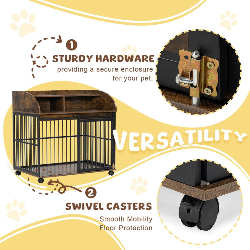 38" Heavy Duty Dog Crate Furniture for Medium Dog with Lockable Wheels, Wooden Dog Crate Dog Kennel, End Table Crate with Double layer storage, Brown