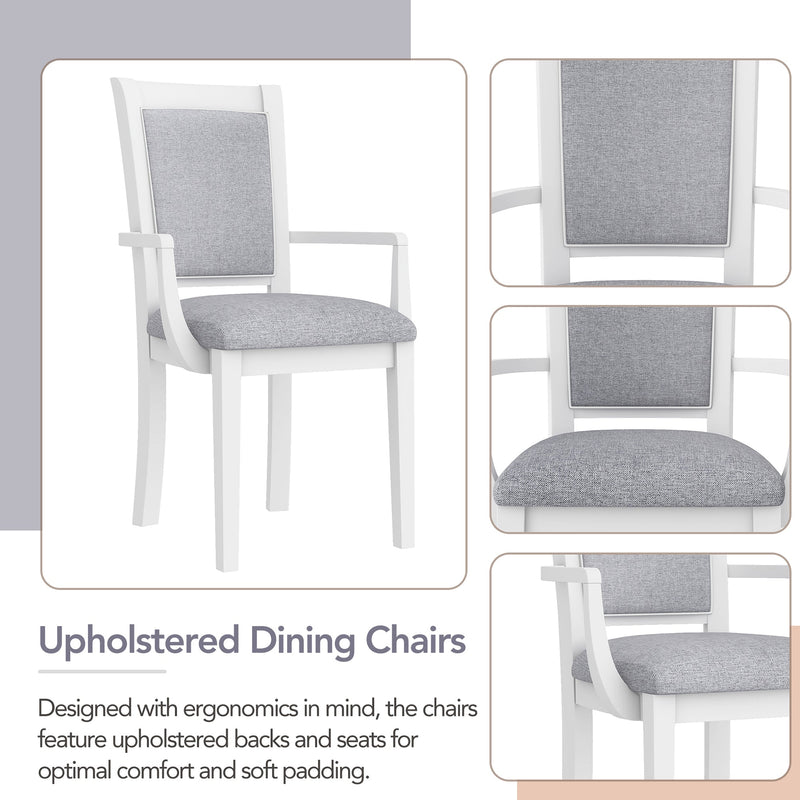 7-Piece Updated 76.9inch Extendable Trestle Dining Table Set with Removable Leaf, Kitchen Table Set with Upholstered Side Chair and Arm Chair, Set of 6, White