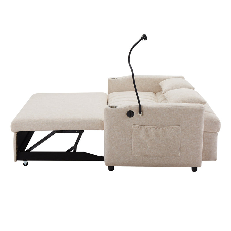 55.9" Convertible Sofa Bed Loveseat Sofa with Three USB Ports, Two Side Pockets, Two Cup Holders and 360Swivel Phone Holder for Living Room, Beige