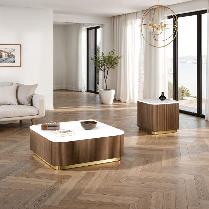 3 Piece Table Set, Square Cocktail Table & 2 Square End Tables - Brown / Gold / White, photo 3 of 7