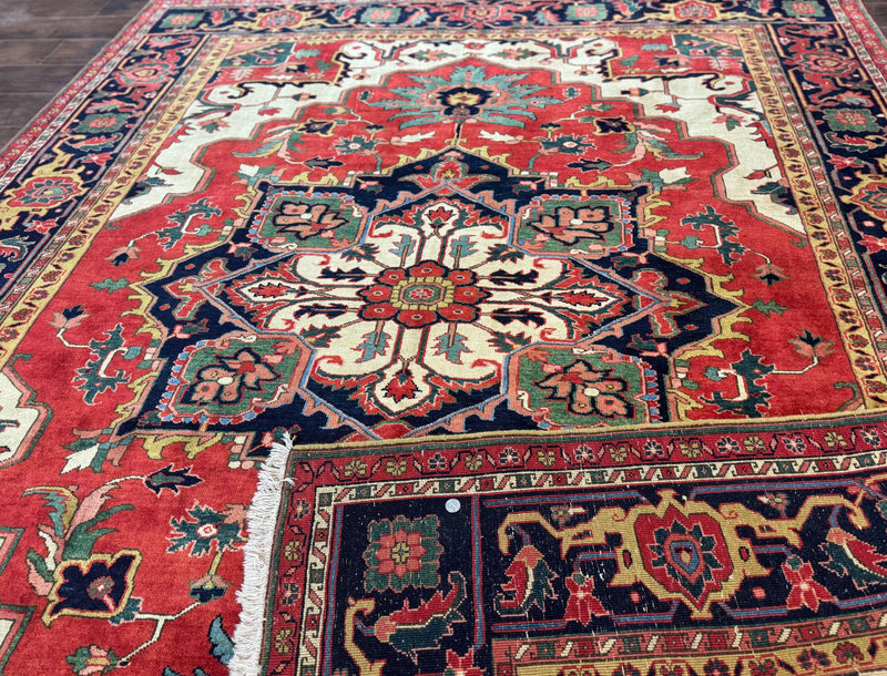 Persian Heriz Serapi Rug 8 x 10.6, Geometric Medallion, Great Colors, Rare, Red Navy Blue Ivory