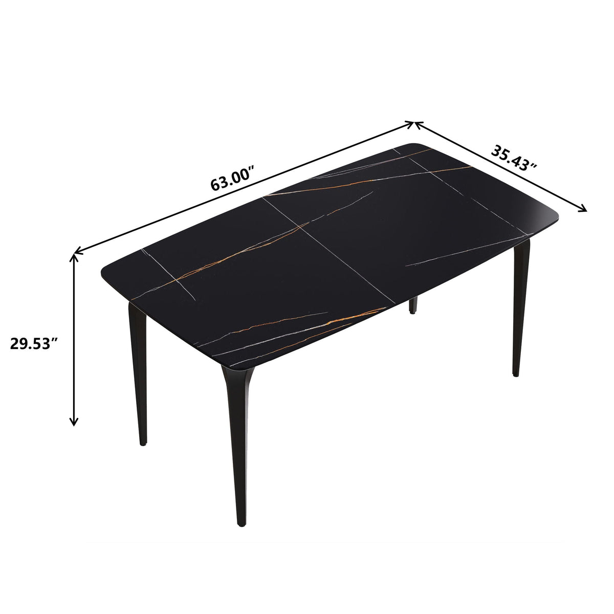 63" Artificial Stone Black Curved Black Metal Leg Dining Table, 6 People - Black, photo 3 of 7
