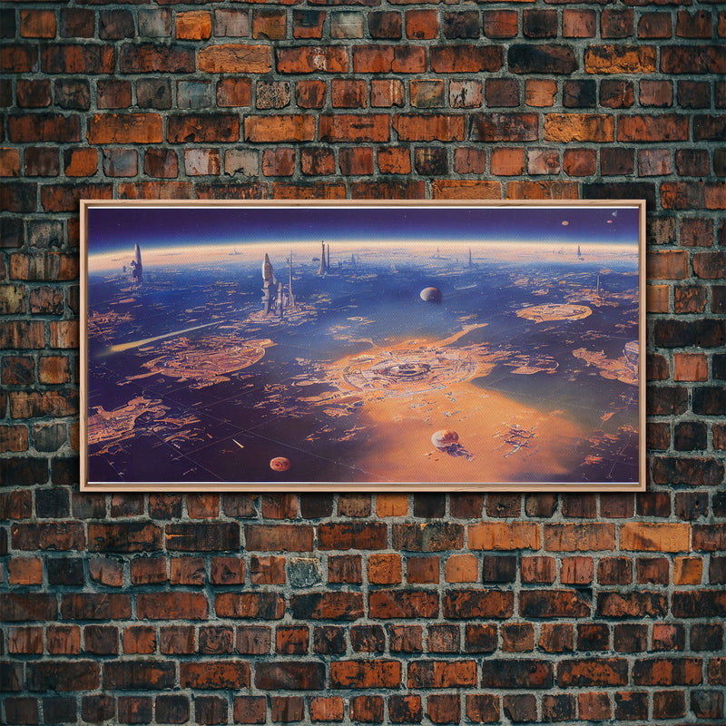 Bird's eye view of a futuristic city-planet, cool scifi art, framed canvas print, ready to hang framed wall art