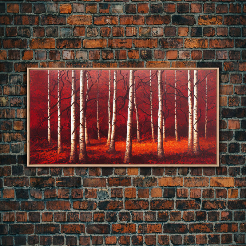 Birch Trees, Haunted birch forest, blood red forest, framed canvas print, ready to hang framed wall art