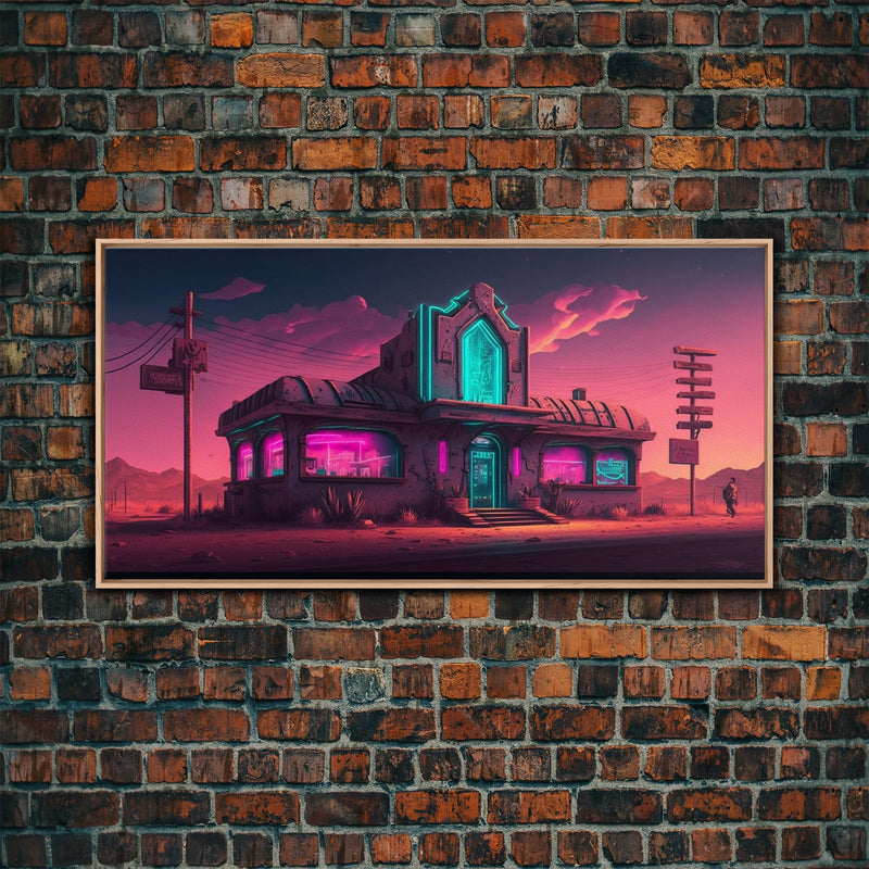 Art Deco Cyberpunk Diner, Wild West Mashup Art, Framed Canvas Print, Neon Art, Wild West Concept Art