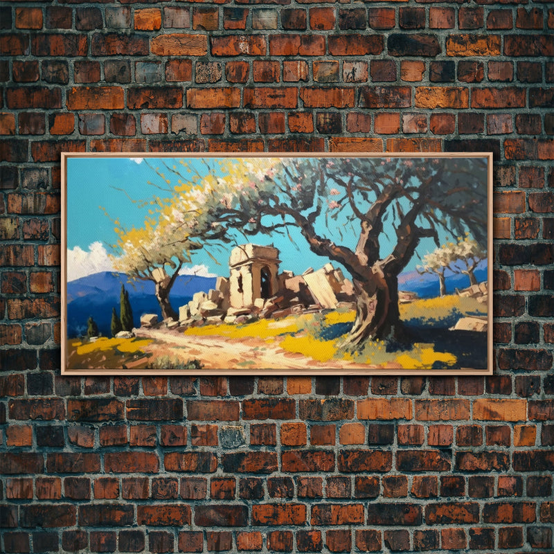 Ancient Roman Ruins, Framed Canvas Print, Old World Art, Olive Tree Amongst The Ruins, Living Room Decor