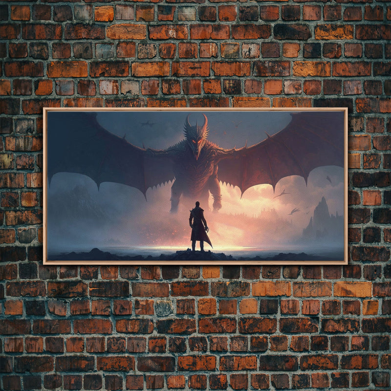 Warrior Facing Down a Dragon, Framed Canvas Print, Unique Fantasy Wall Art, In The Time of Dragons