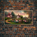 English cottage with rose garden, canvas print, cute English countryside wall art