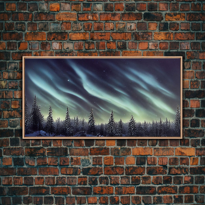 Aurora borealis over a snowy northern forest, canvas print, scenic winter landscape art, northern lights