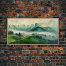 Green Blue Foggy Mountain Valley Watercolor Canvas Art Print, Panoramic Misty Rolling Hills Landscape, Extra Large Panorama Print