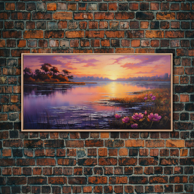 Beautiful Lake At Sunset, Framed Canvas Print, Landscape Oil Painting Print, Lakehouse Art, Lake Art, Lake House Decor, Nature Art