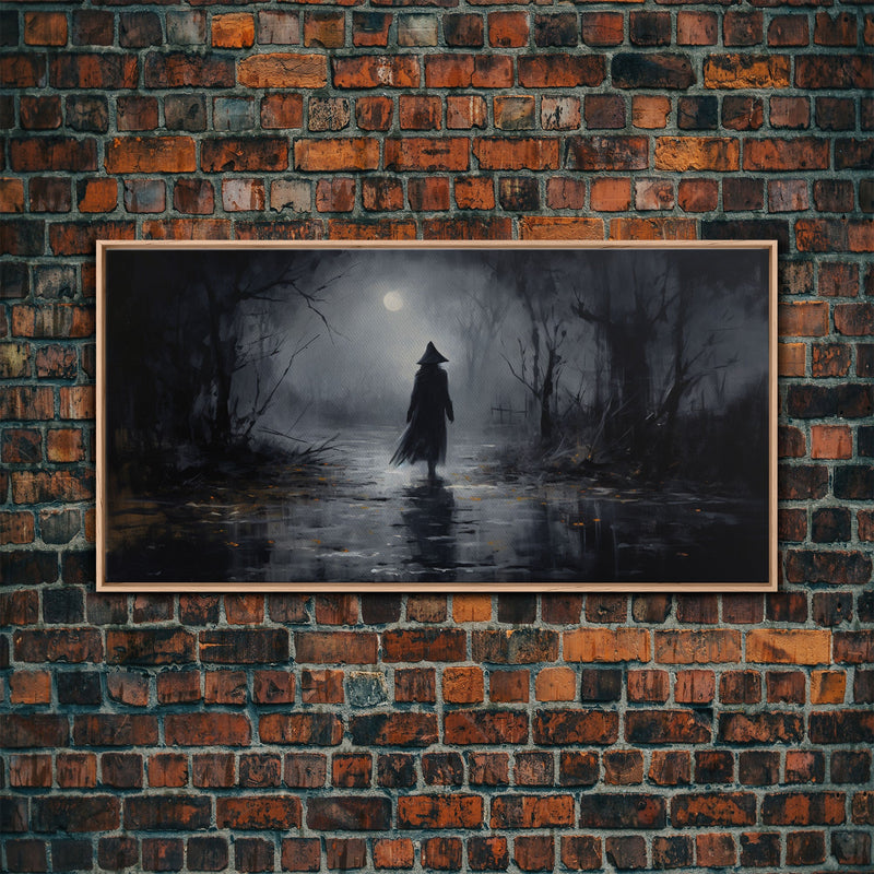 Witch Walking In The Rain Under A Full Moon, Witch Print, Framed Canvas or Poster, Victorian Oil Painting, Dark Academia, Witchcraft Decor