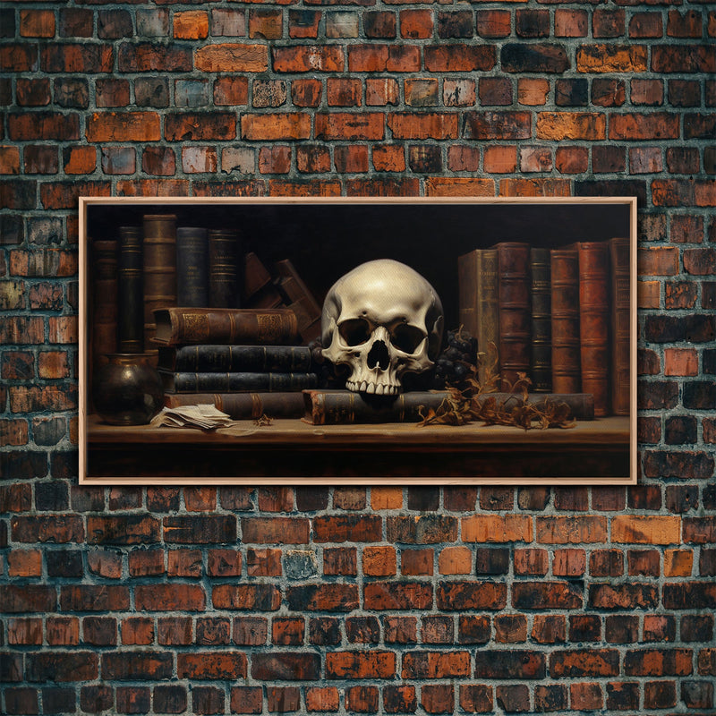 Victorian Gothic Library Art, The Skull On The Shelf, Framed Canvas Print, Halloween Decor, Halloween Art Print