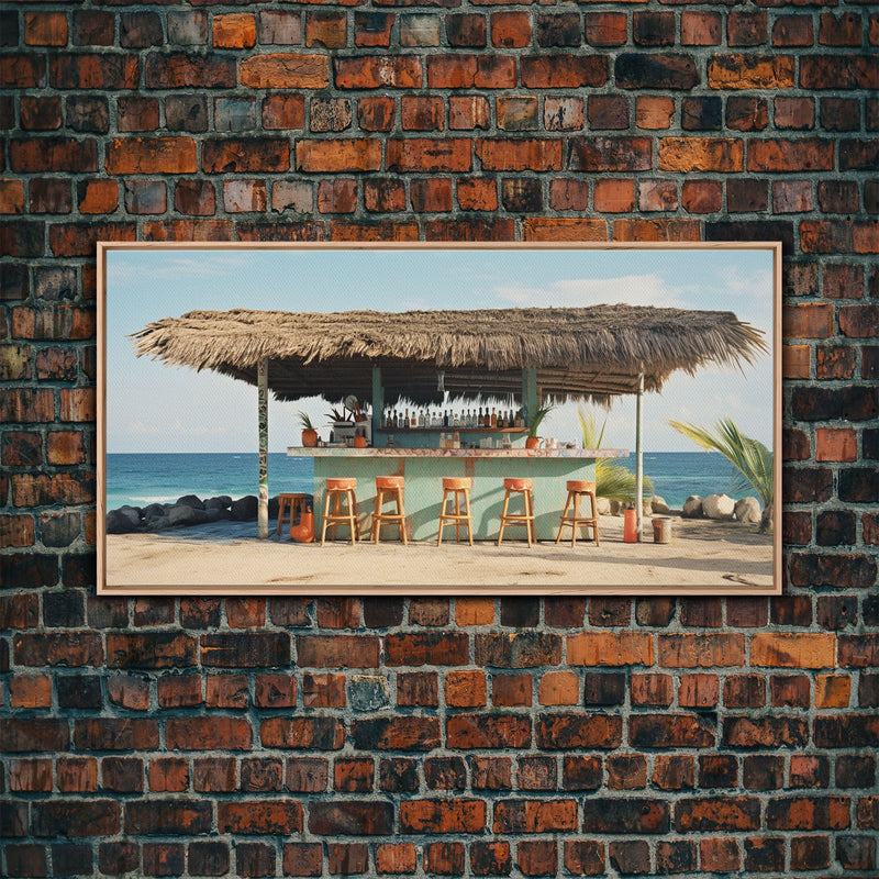 Beachside Tiki Hut Bar and Grill, Framed Canvas Print, Liminal Art, Framed Wall Decor Beach Photography, Surf Art, Surf Print Nautical Decor