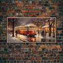 Retro Red Trolley Car Decorated For Christmas, Framed Canvas Print, Christmas Wall Art, Christmas Decor Mom Christmas Gift Christmas Village