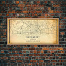 Vintage Style Bucharest City Map Wall Art Canvas Print, Distressed Bucharest Map, Framed Wall Art, Cool RomaniaTravel Wall Art, Office Art