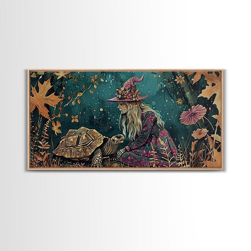 Victorian Witch and her Tortoise Familiar | Framed Canvas Print | Dark Academia Wall Art | Victorian Style Halloween Art