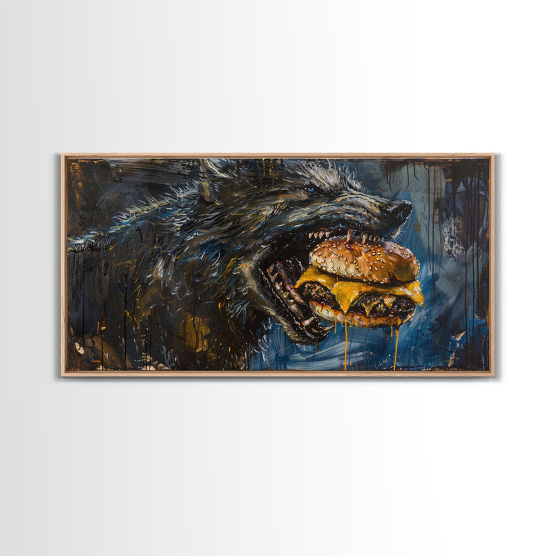 Big Ol Werewolf Having A Cheese Burger - Framed Canvas Print - Funny Halloween Art