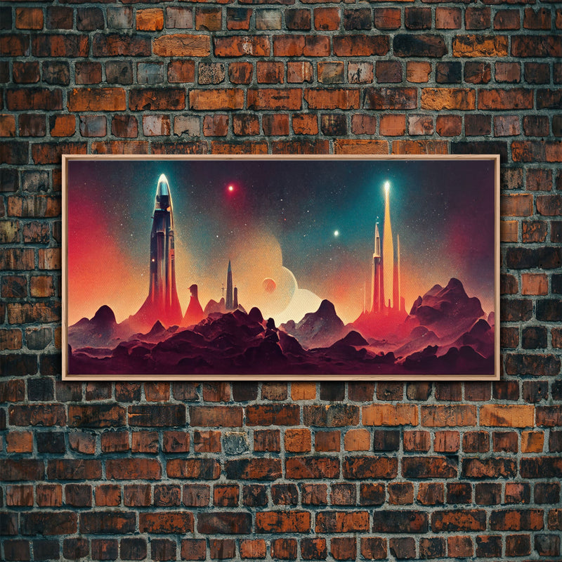 Art deco style space canvas print, space ship art, space art, outrun style, sci-fi themed art print, science fiction wall art