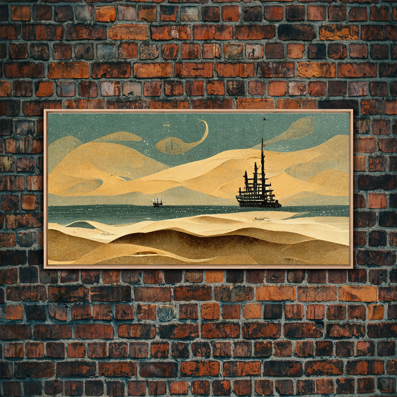 Art deco canvas print, pirate ship at sea beyond the sand dunes, living room wall art