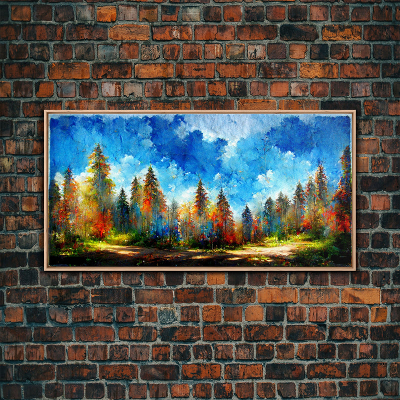 Beautiful Forest Sunset Oil Painting Canvas Print, Blue Skies and Fall Trees, Autumn, Ready to hang gallery wrapped nature canvas print