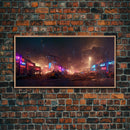 Destitute cyberpunk city with neon signs wall art, Bladerunner vibes art, synthwave style art, cool wall art