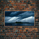 Rainstorm wall art, canvas print, ready to hang, fast moving storm over an island castle, cool wall art