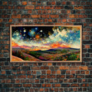 Night Starry Sky Landscape Framed Canvas Print, Colorful Night Sky Painting Nature Painting Living Room Wall Art Spiritual Starry Painting