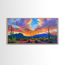 Stunning Desert Sunset with Cacti Silhouettes, Framed Canvas Print for Bedroom Art, Great for Boho and Southwestern Decor