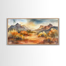 Serene Desert Landscape with Mountains and Sunlit Sky, Perfect Framed Canvas Print for Living Room, Boho Wall Art, Nature Decor