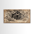 Old Wooden Shack in Rocky Terrain, Farmhouse Style Framed Canvas Print for Bedroom Art, Historical Home Decoration, Rustic Wall Art Piece