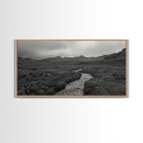 River and Rolling Hills Under Cloudy Sky, Black and White Framed Canvas Print Rustic Farmhouse Living Room Decor, Landscape Art, Home Decor