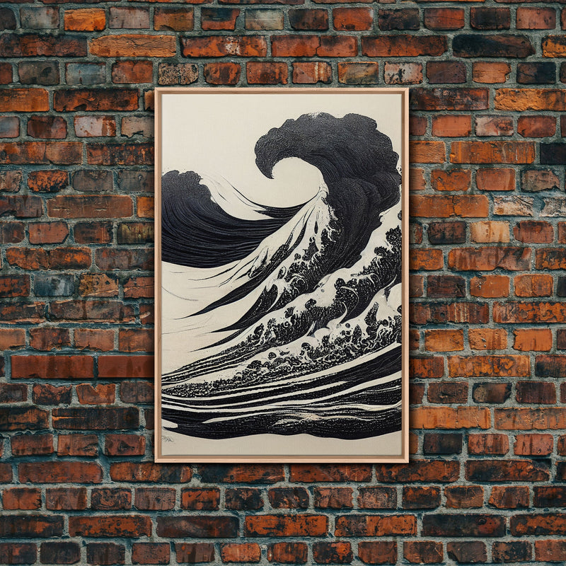 Black and White Tsunami Waves, Japanese Style Art, Framed Canvas Print, Ready To Hang Framed Wall Art, Living Room Wall Decor