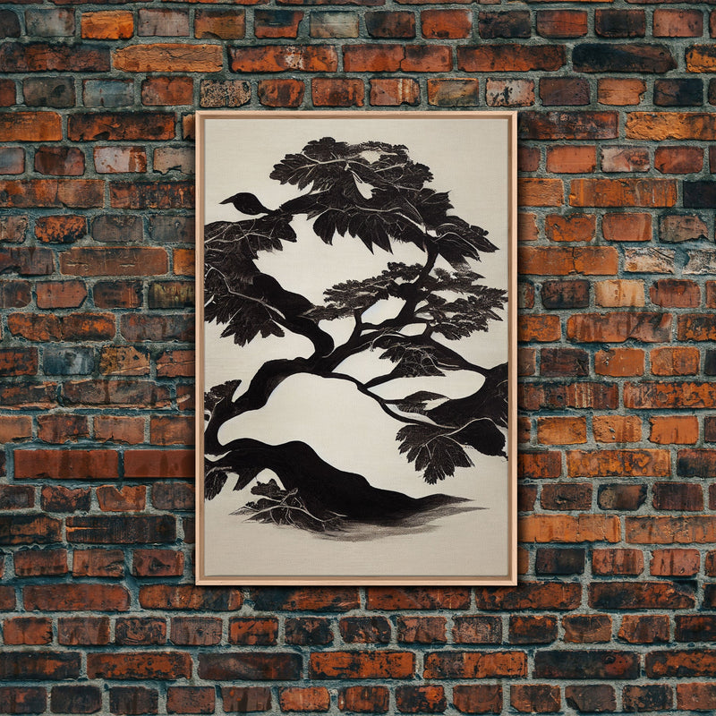 Black and White Bonsai Tree, Framed Canvas Print, Ready To Hang Framed Wall Art, Living Room Wall Hanging