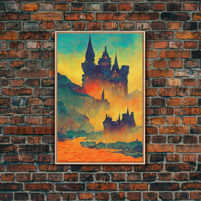 Watercolor Painting of A Transylvania Castle, Framed Canvas Print, Ready To Hang Framed Wall Art, Living Room Wall Hanging