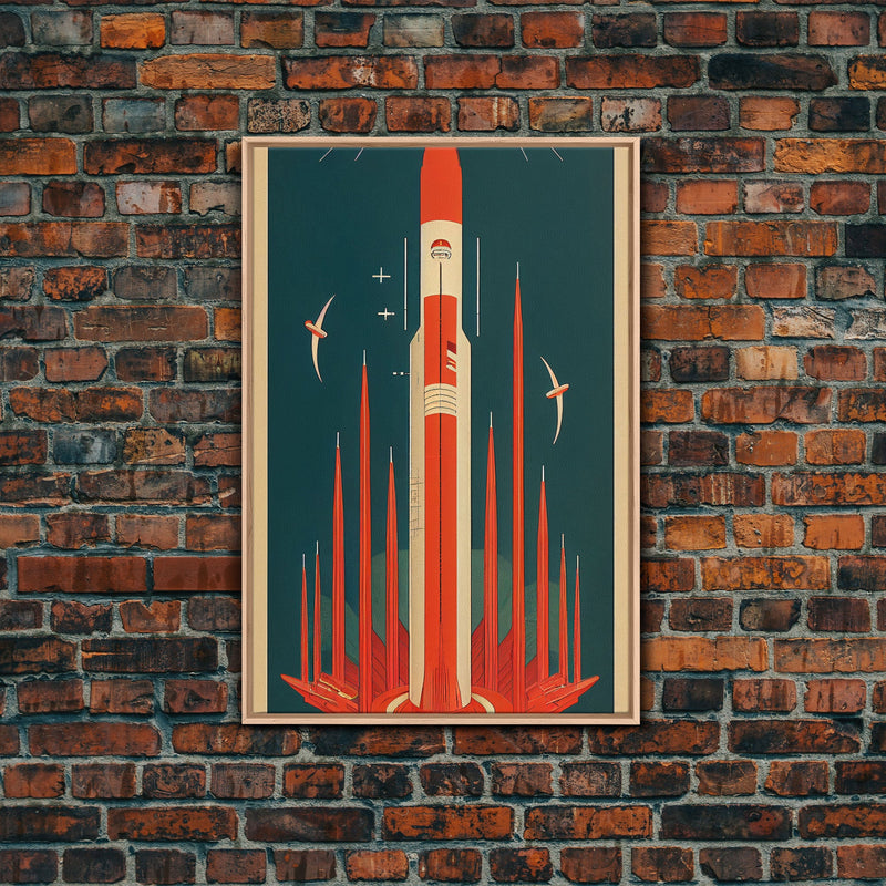 Art Deco Space Travel Poster Art, Framed Canvas Print, Ready To Hang Framed Wall Art, Living Room Wall Hanging