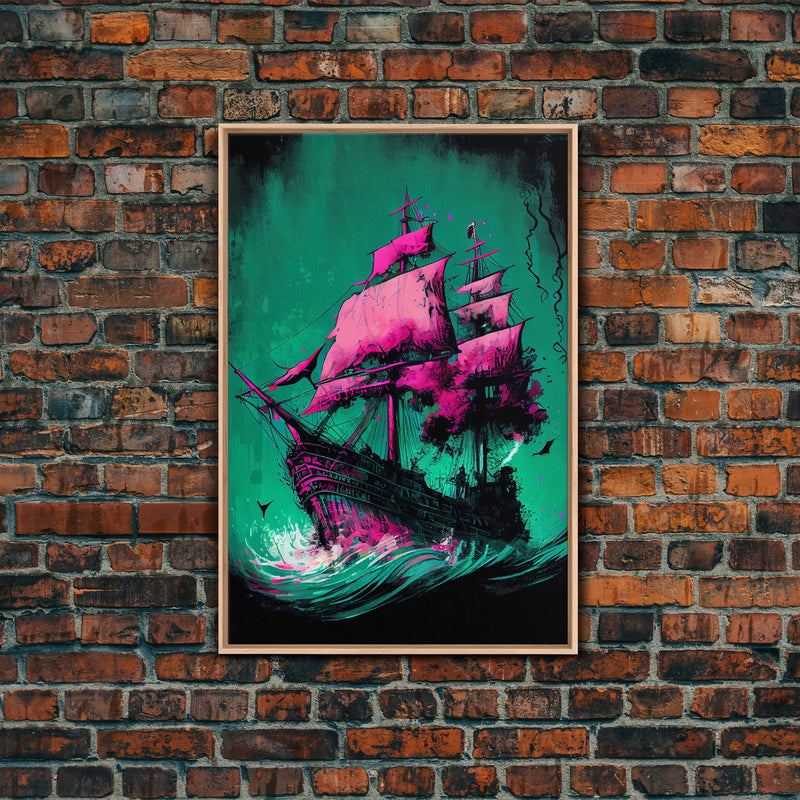 Watercolor of a haunted ghost pirate ship, framed canvas print wall art