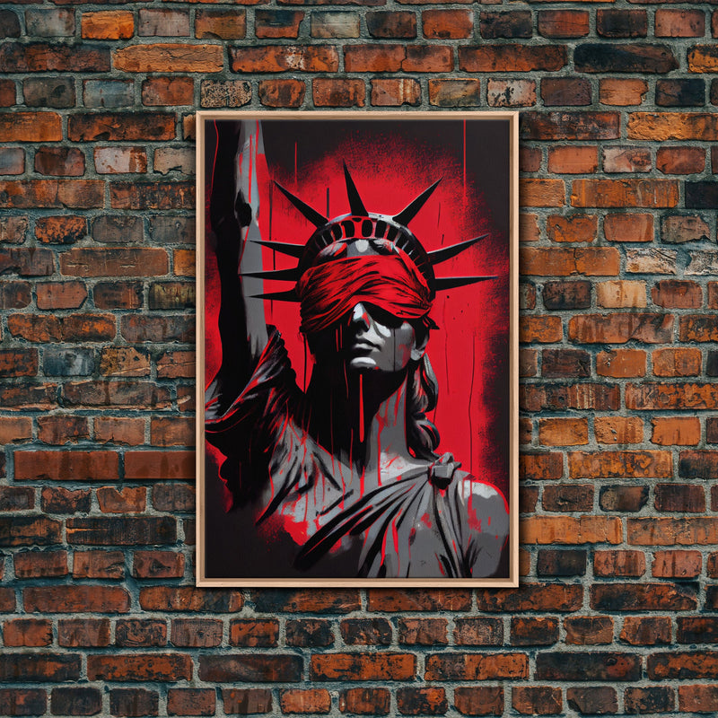 Blindfolded Statue of Liberty Graffiti art, framed canvas print, dystopian art