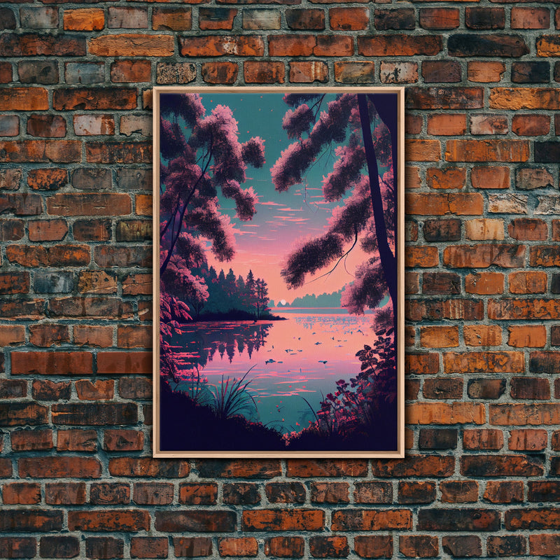 Beautiful Sunset over the lake, My Secret Spot, framed canvas print, Pinkwave retro style landscape art