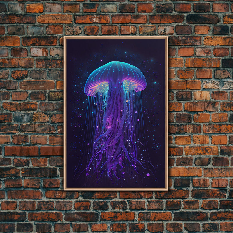 Bioluminescent Jellyfish against a Starry night sky, Cosmic Jelly Fish, Framed Canvas Print, synthwave style art