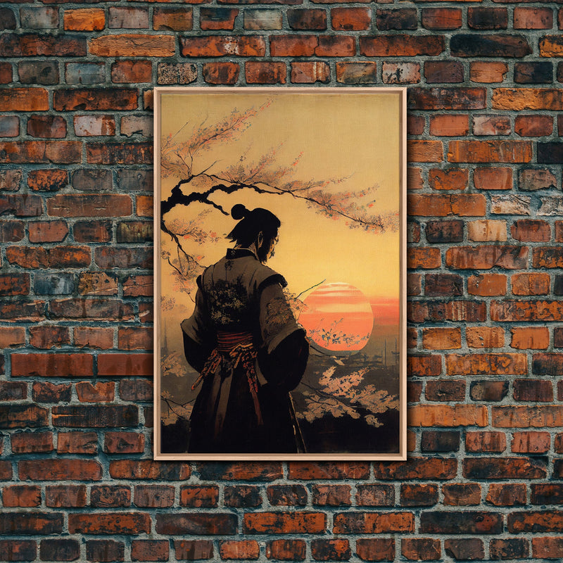 Watercolor of a Samurai observing a sunset, Framed Canvas Print, unique wall art