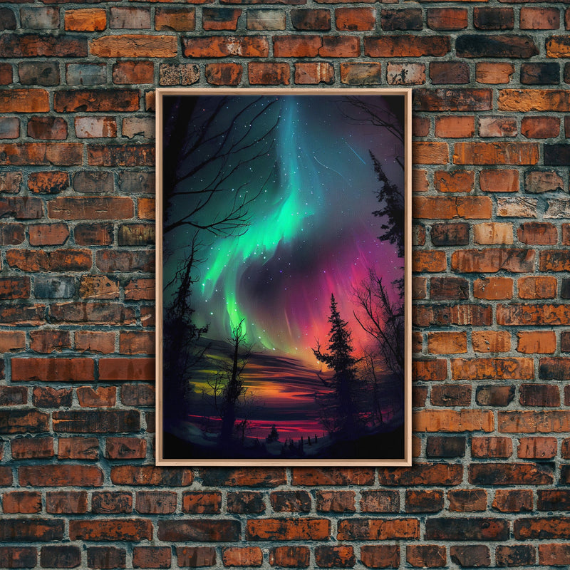 Aurora Borealis, Northern Lights Art, framed canvas print, snow capped mountain landscape art