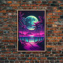 Full Moon over a Florida Beach, Palm Trees, Outrun Style Beach Landscape art, framed canvas Print