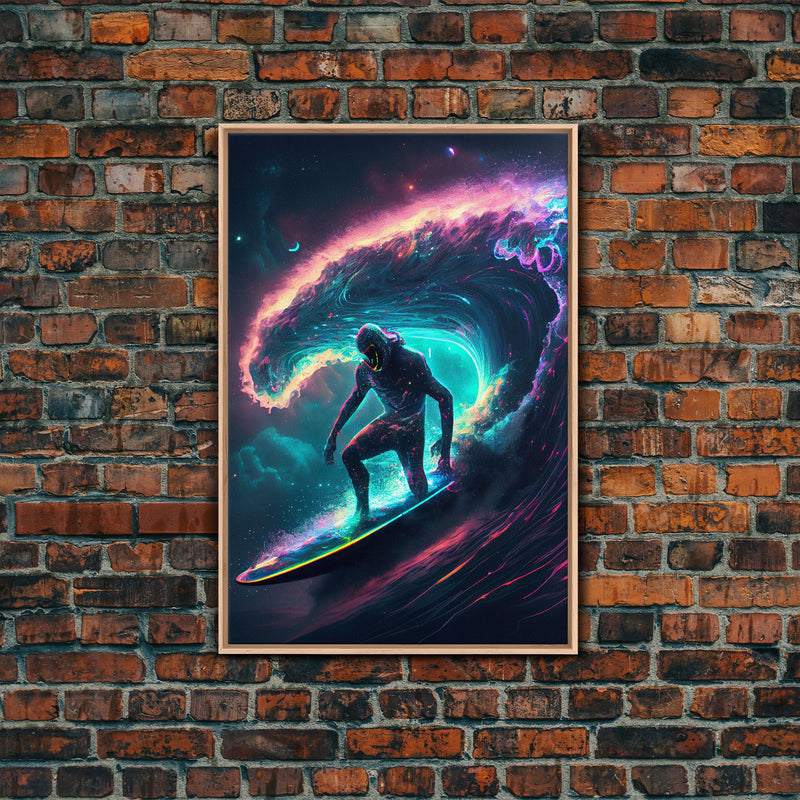 Astronaut surfing the stars, Cosmic Surfer, Galaxy Art, framed canvas print, unique colorful wall art