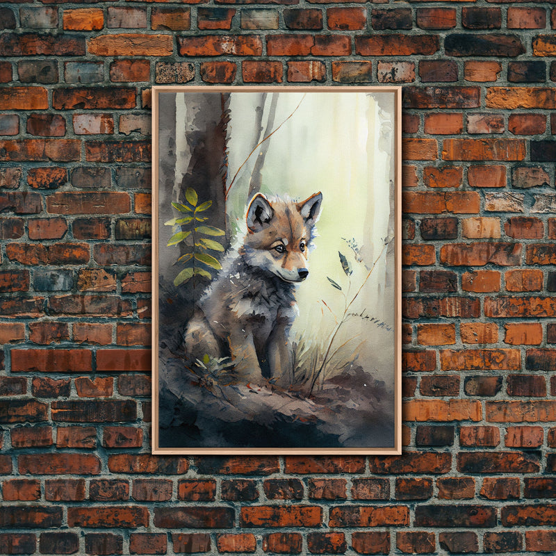 Watercolor of a wolf pup, framed canvas print